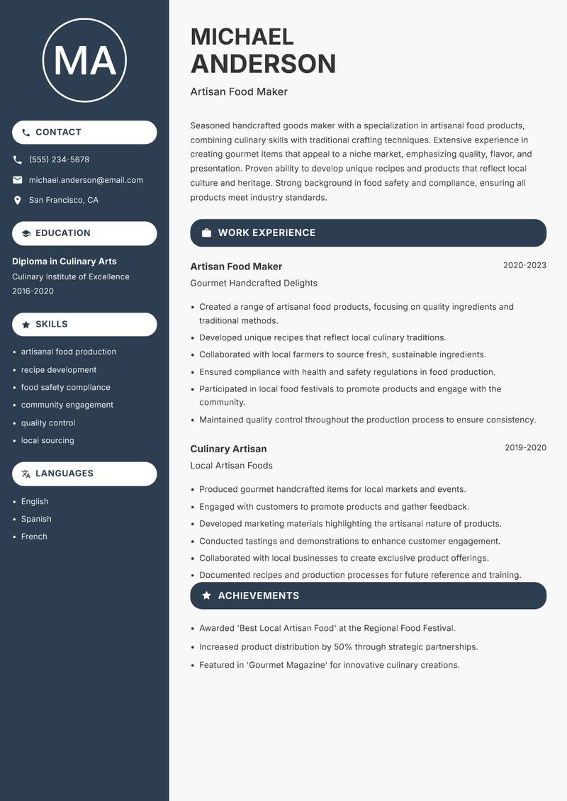 Handcrafted Goods Maker resume template — Compact