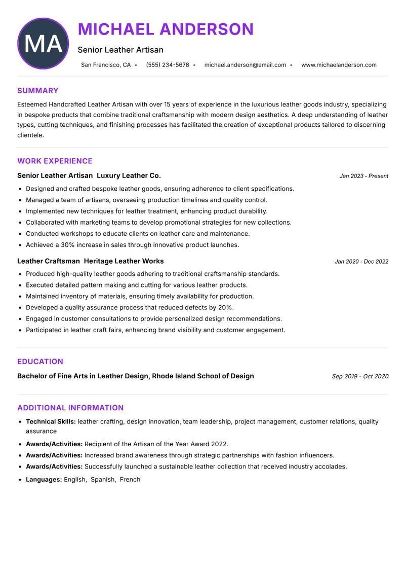 Handcrafted Leather Artisan resume example — ATS-friendly template