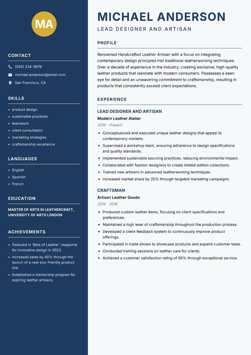Handcrafted Leather Artisan resume template — Classic Clean