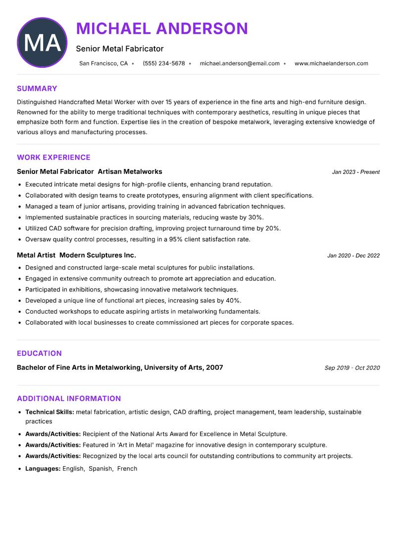Handcrafted Metal Worker resume example — ATS-friendly template
