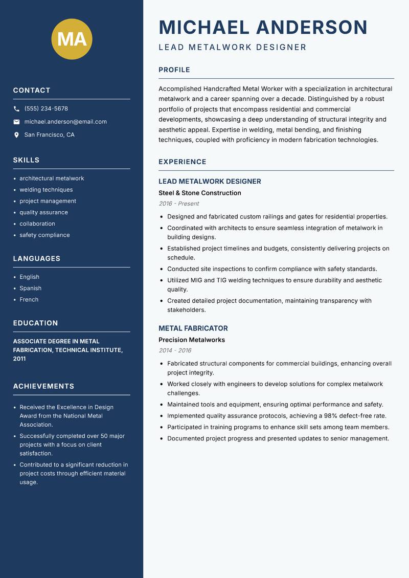 Handcrafted Metal Worker resume template — Classic Clean