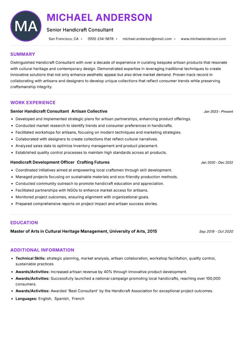 Handicraft Consultant resume example — ATS-friendly template