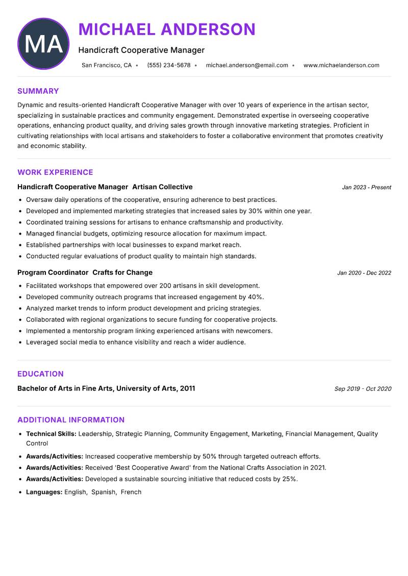 Handicraft Cooperative Manager resume example — ATS-friendly template