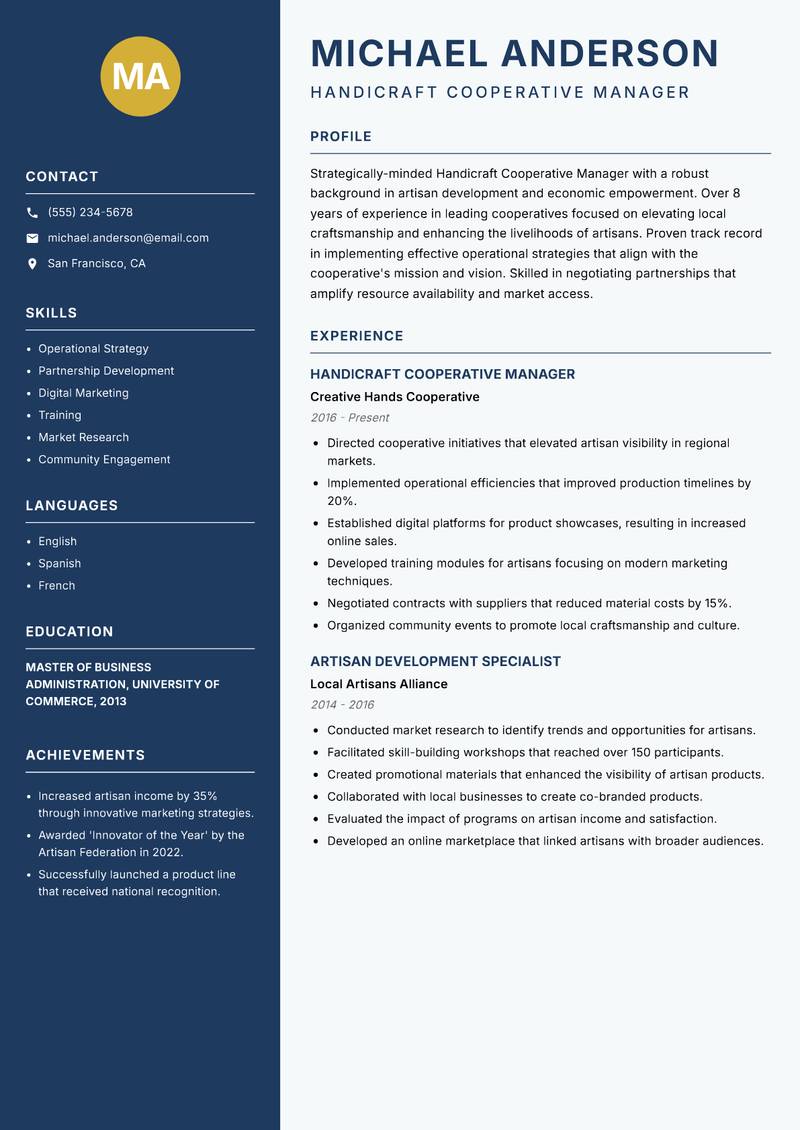 Handicraft Cooperative Manager resume template — Classic Clean