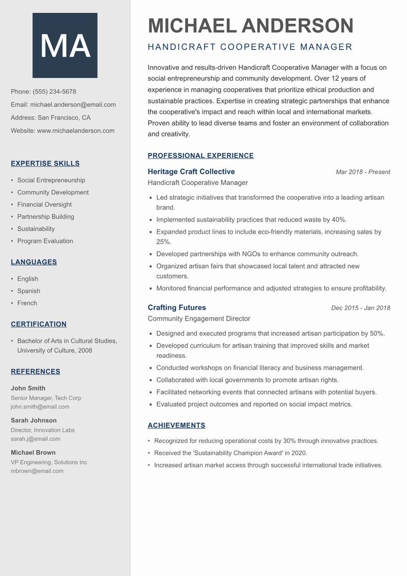 Handicraft Cooperative Manager resume template — Creative Minimal