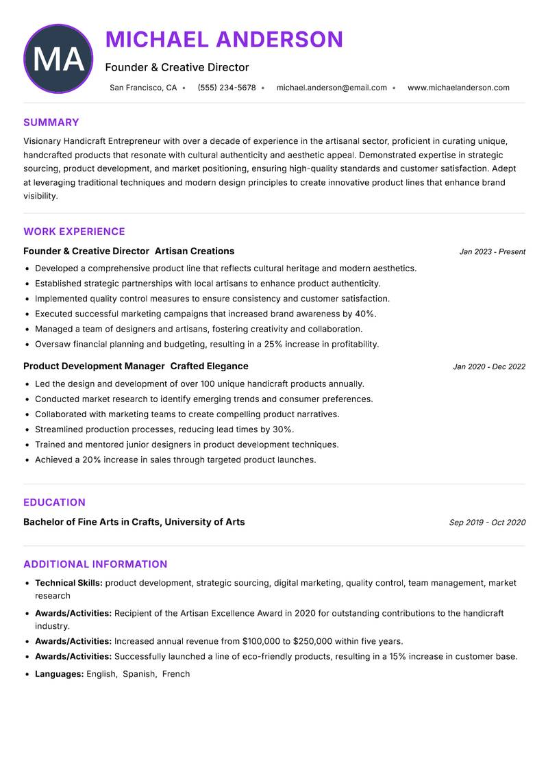 Handicraft Entrepreneur resume example — ATS-friendly template