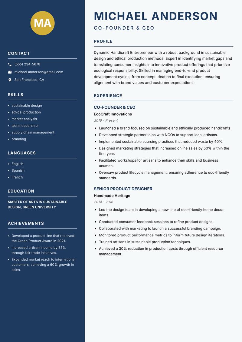 Handicraft Entrepreneur resume template — Classic Clean