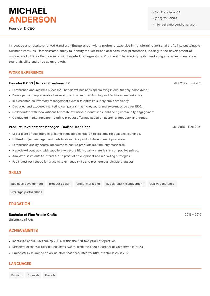 Handicraft Entrepreneur resume template — Modern Professional