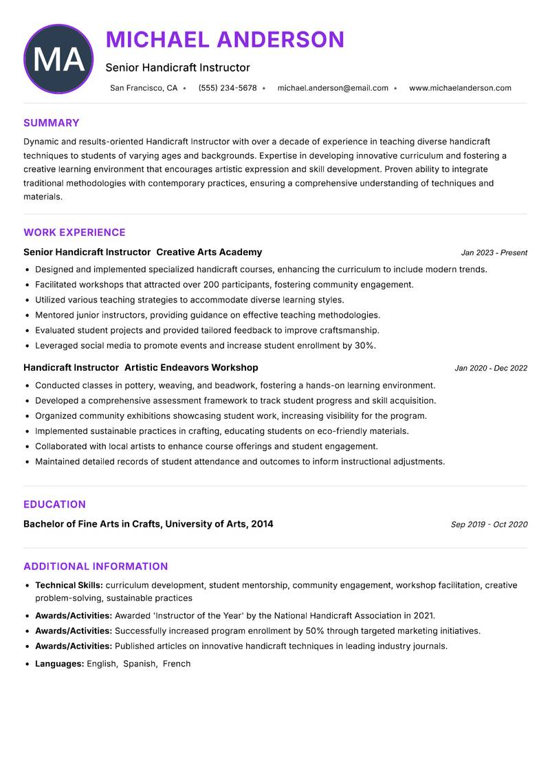 Handicraft Instructor resume example — ATS-friendly template