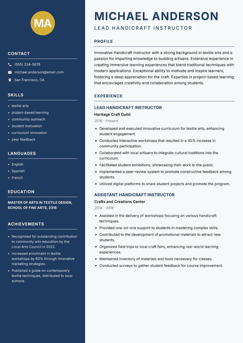 Handicraft Instructor resume template — Classic Clean