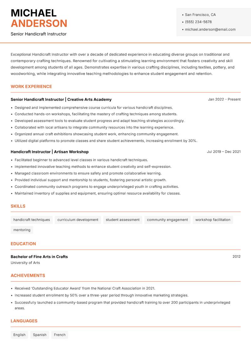 Handicraft Instructor resume template — Modern Professional