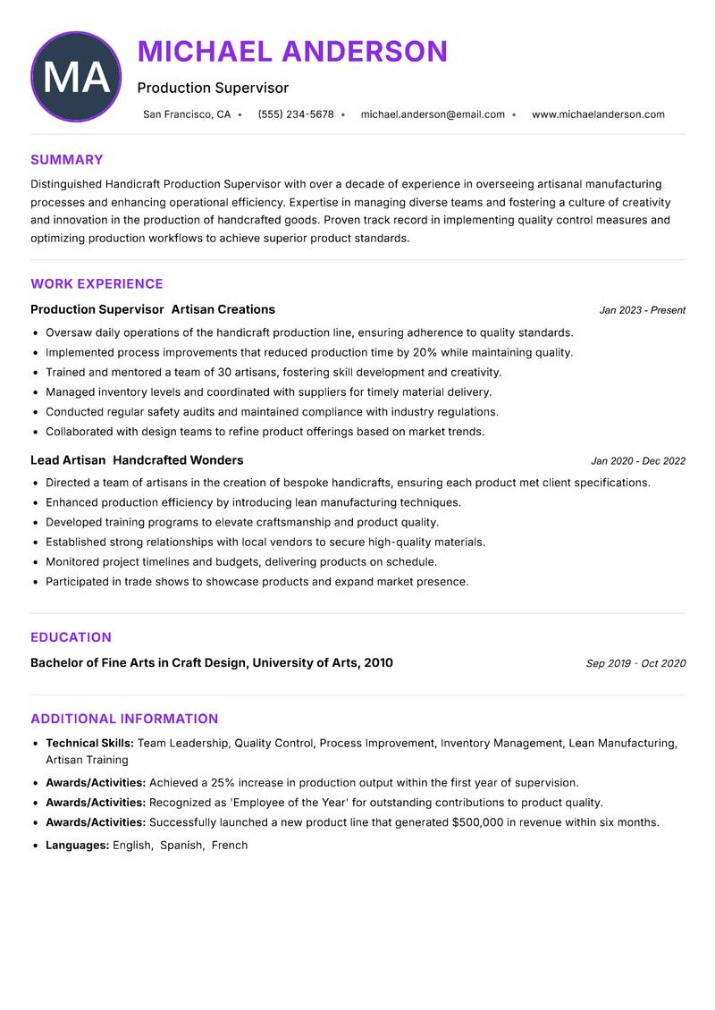 Handicraft Production Supervisor resume example — ATS-friendly template