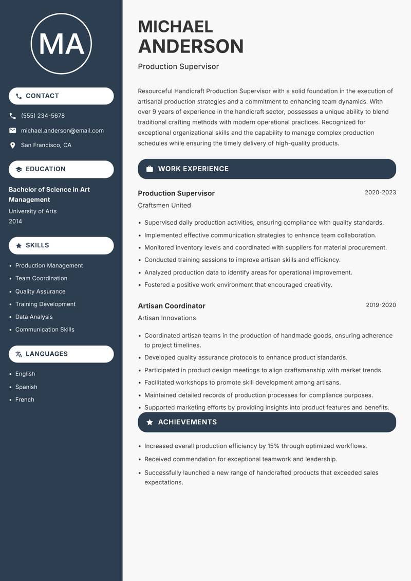 Handicraft Production Supervisor resume template — Compact
