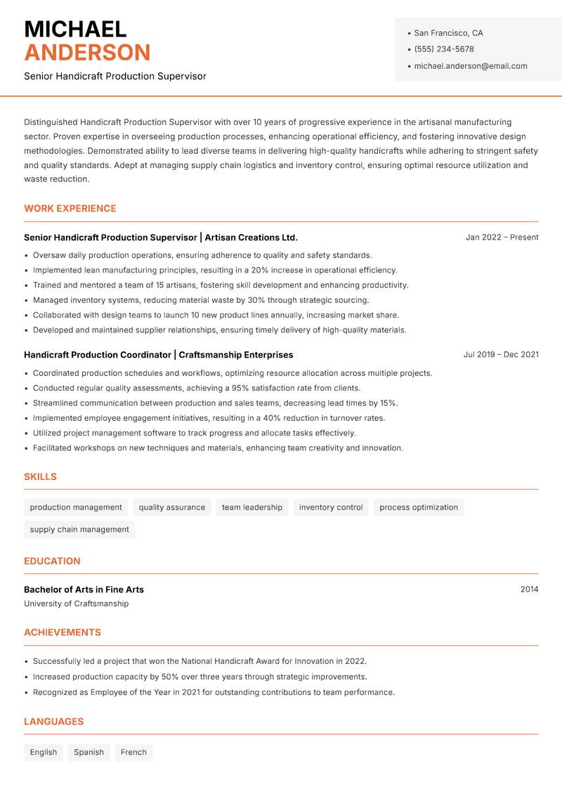 Handicraft Production Supervisor resume template — Modern Professional