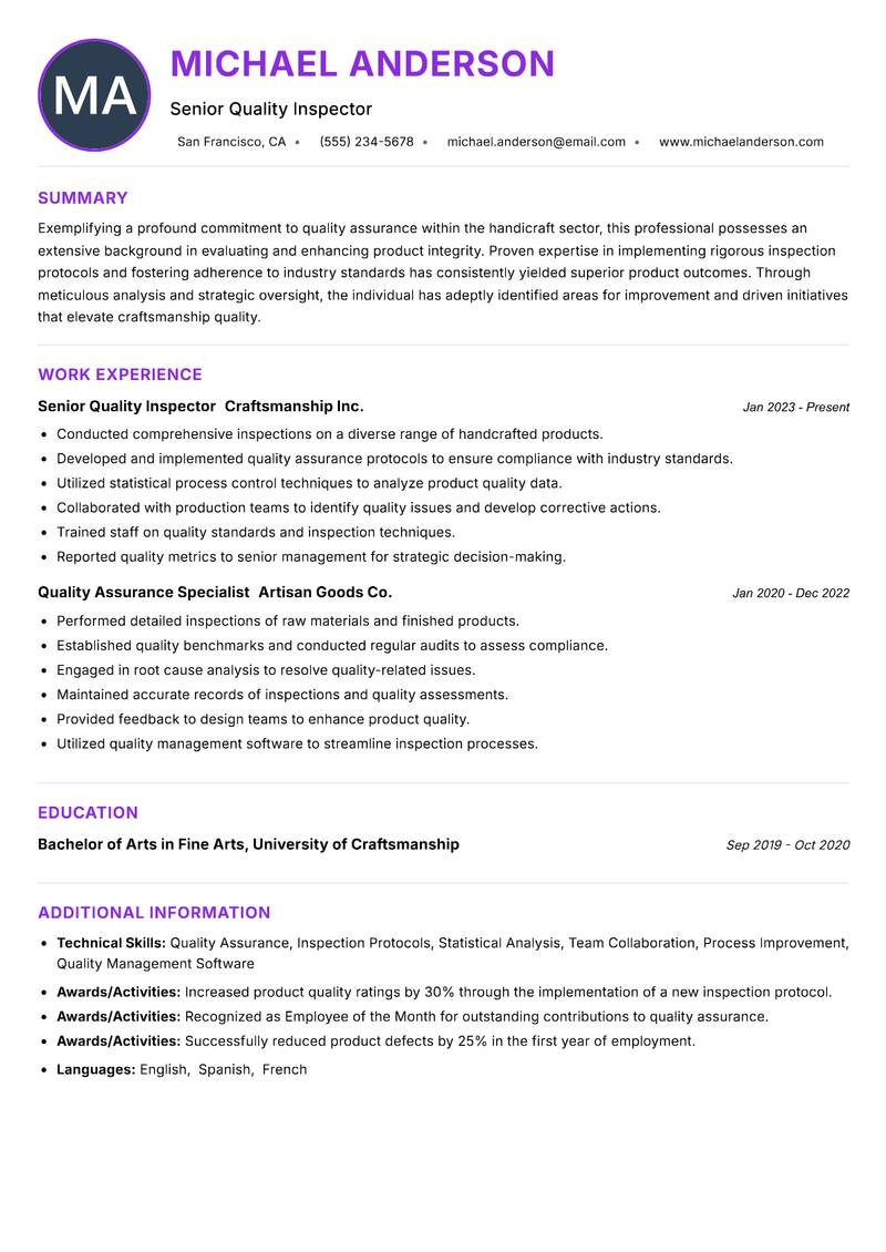 Handicraft Quality Inspector resume example — ATS-friendly template