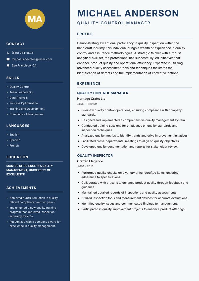 Handicraft Quality Inspector resume template — Classic Clean