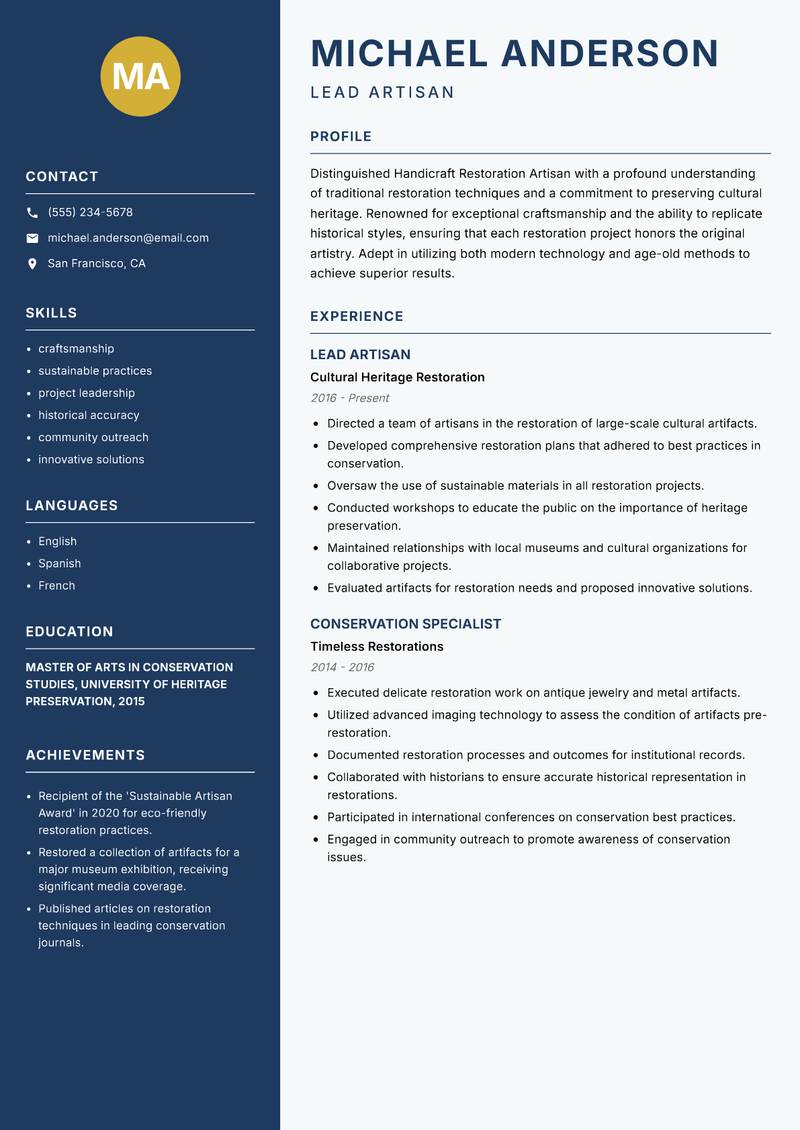 Handicraft Restoration Artisan resume template — Classic Clean