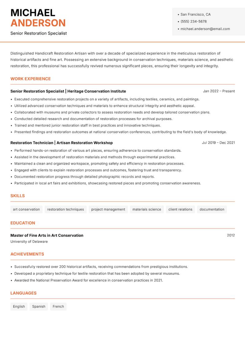 Handicraft Restoration Artisan resume template — Modern Professional