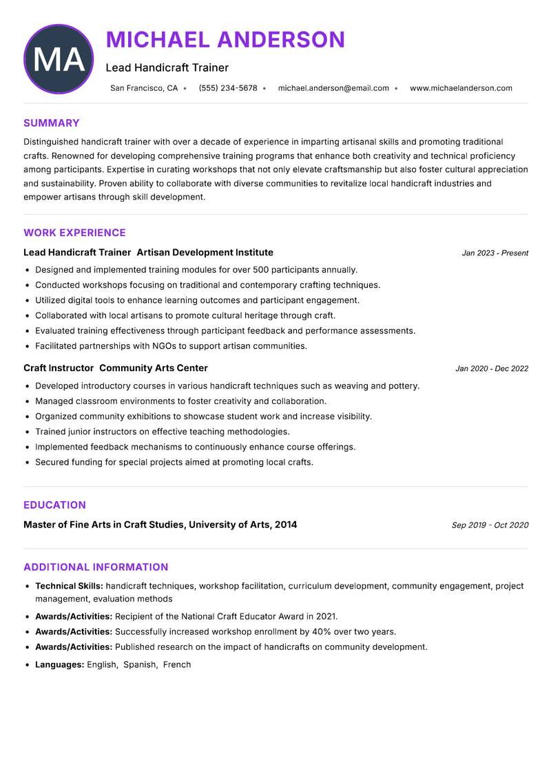 Handicraft Trainer resume example — ATS-friendly template