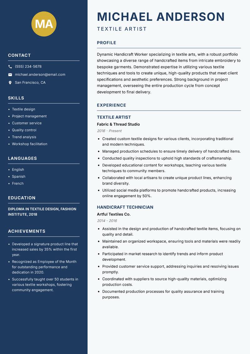 Handicraft Worker resume template — Classic Clean