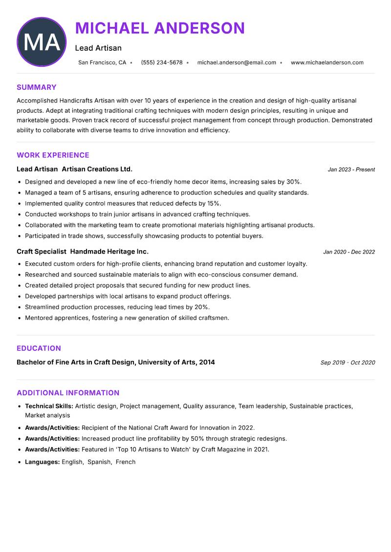 Handicrafts Artisan resume example — ATS-friendly template
