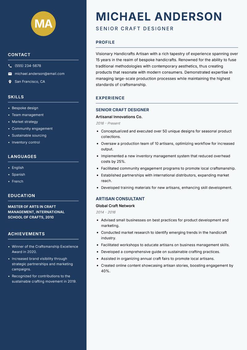 Handicrafts Artisan resume template — Classic Clean