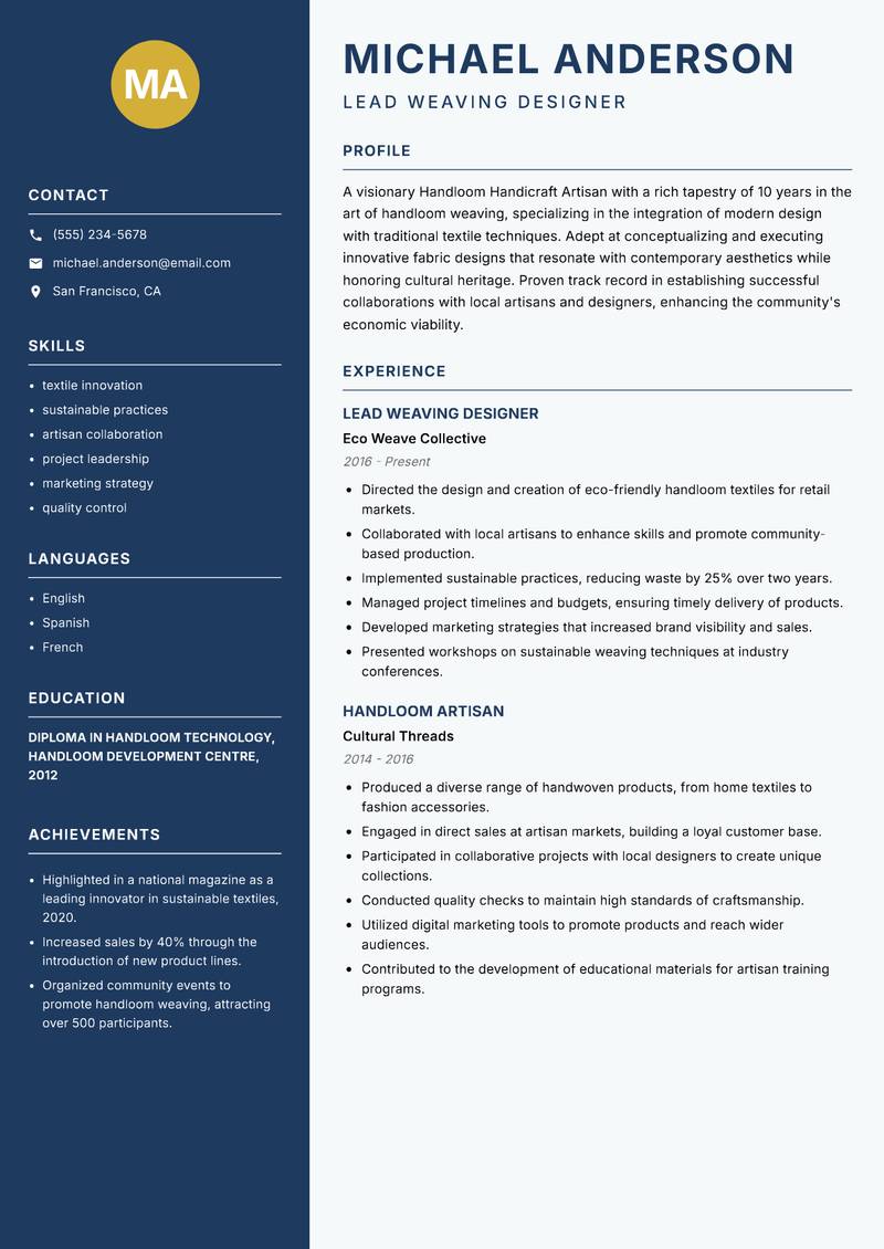 Handloom Handicraft Artisan resume template — Classic Clean