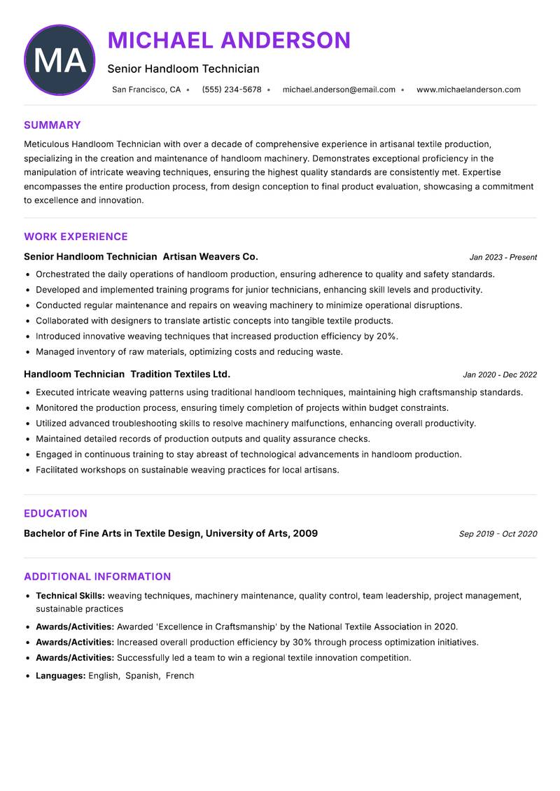 Handloom Technician resume example — ATS-friendly template