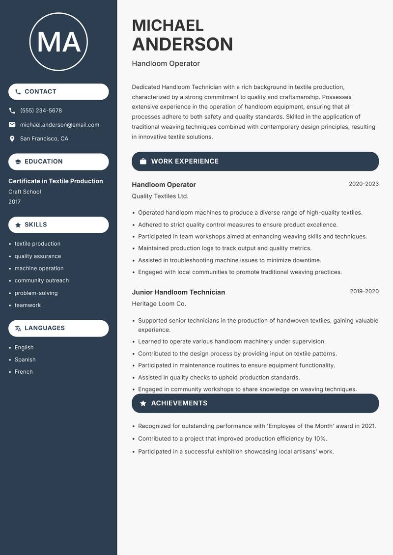 Handloom Technician resume template — Compact