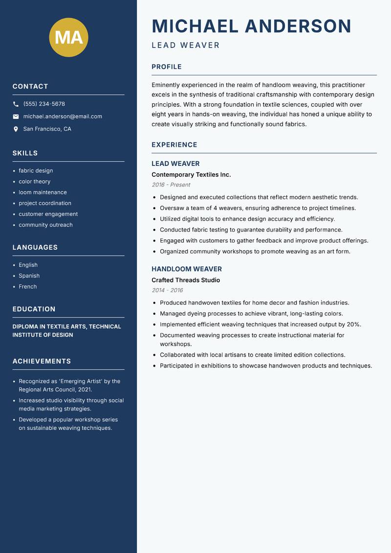 Handloom Weaver resume template — Classic Clean