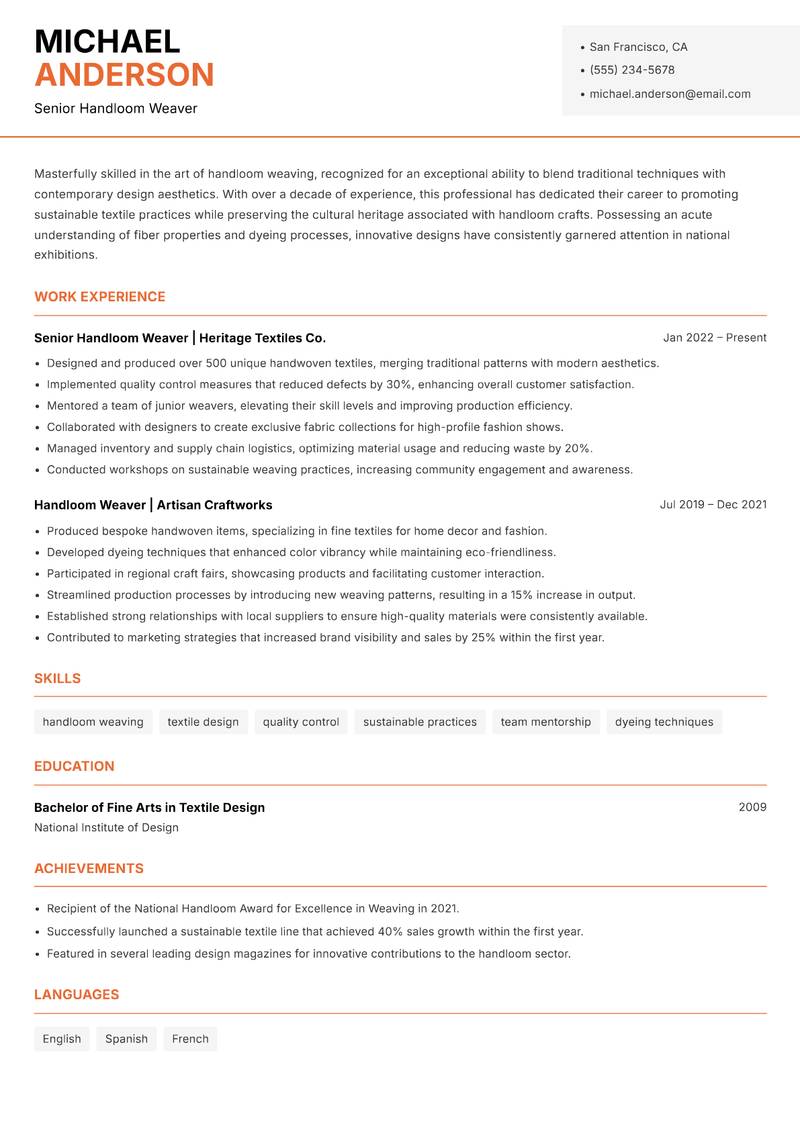 Handloom Weaver resume template — Modern Professional