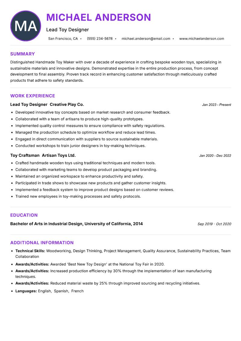 Handmade Toy Maker resume example — ATS-friendly template