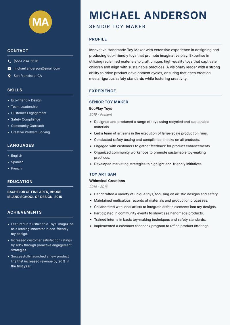 Handmade Toy Maker resume template — Classic Clean