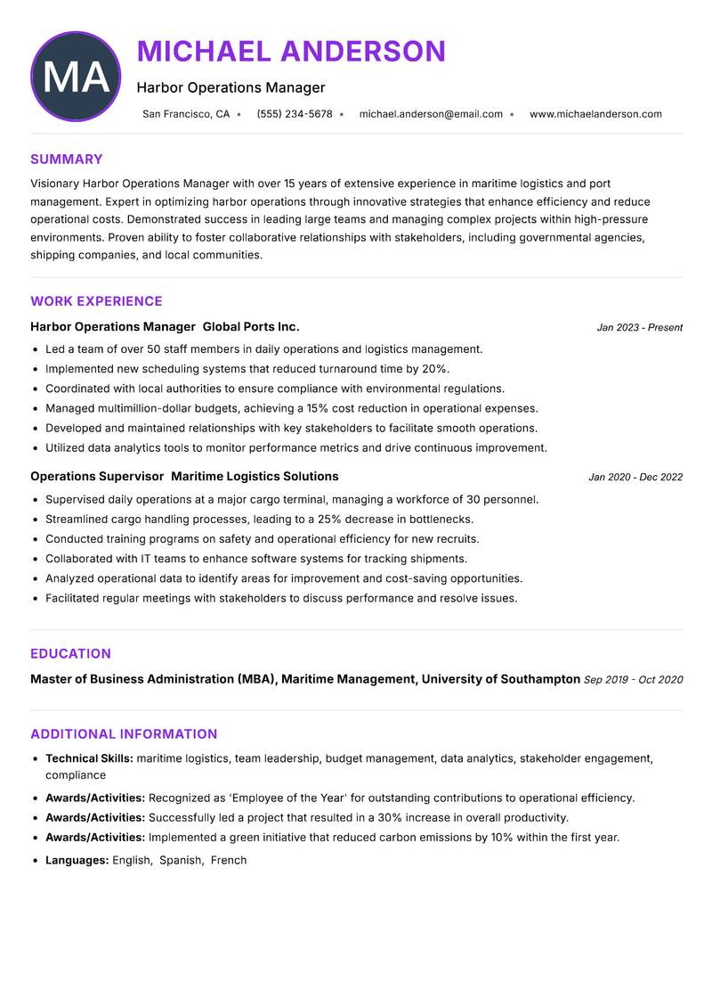Harbor Operations Manager resume example — ATS-friendly template