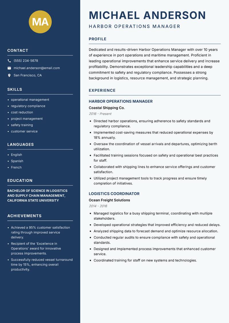 Harbor Operations Manager resume template — Classic Clean