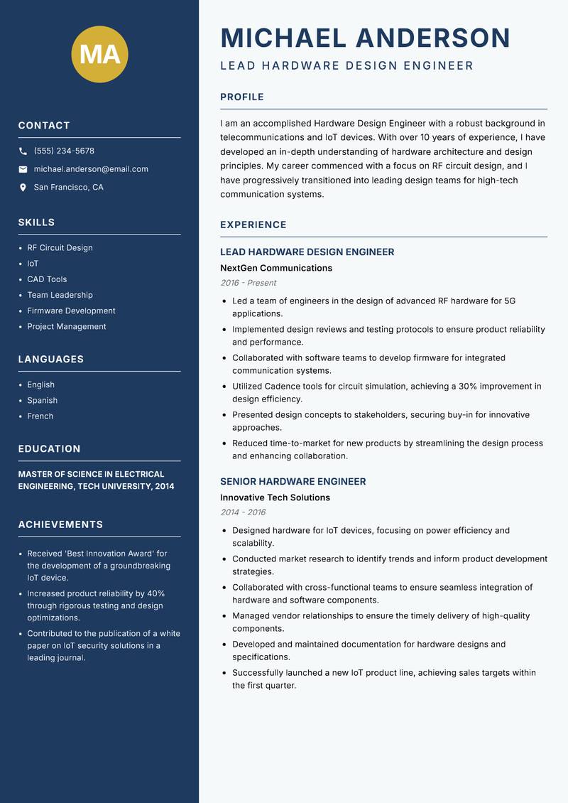 Hardware Design Engineer resume template — Classic Clean