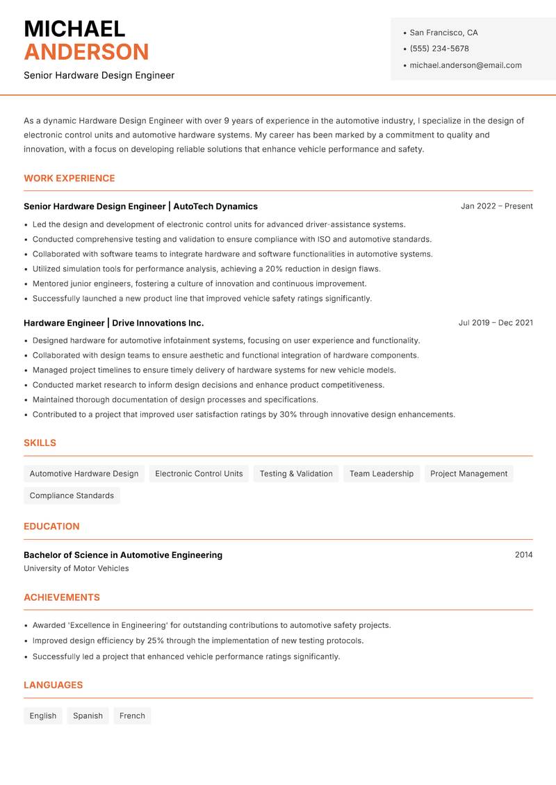 Hardware Design Engineer resume template — Modern Professional
