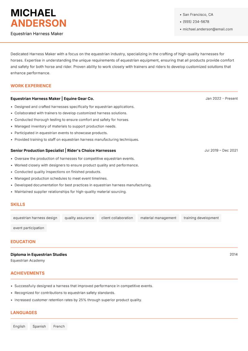 Harness Maker resume template — Modern Professional