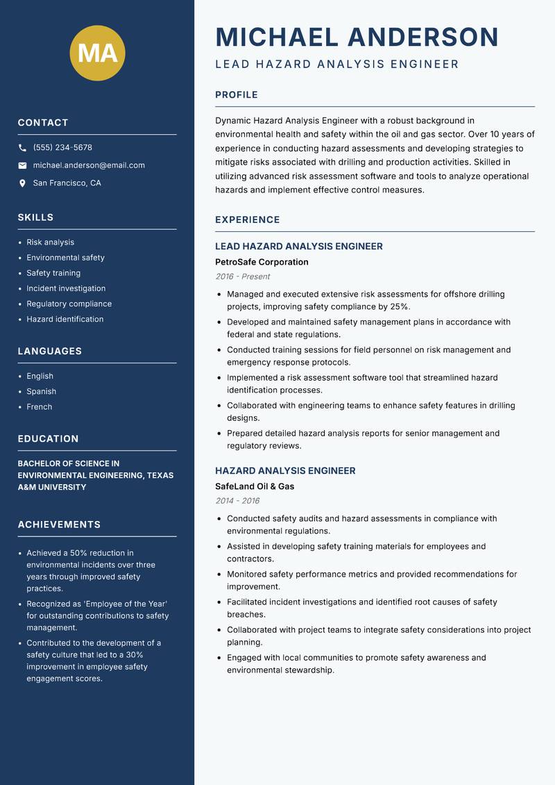 Hazard Analysis Engineer resume template — Classic Clean