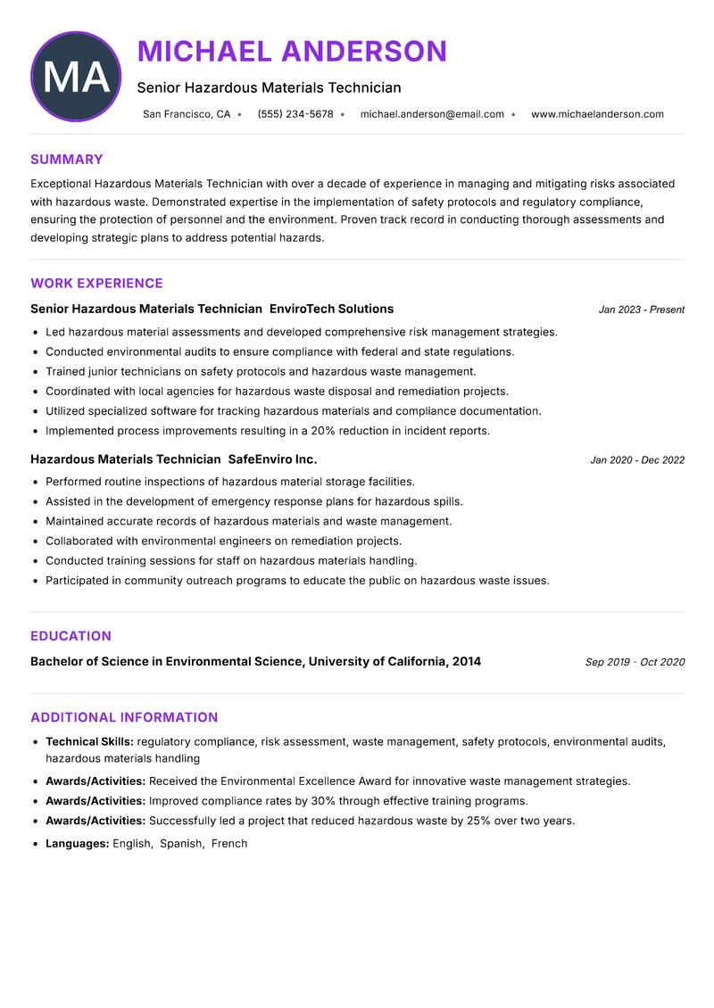 Hazardous Materials Technician resume example — ATS-friendly template