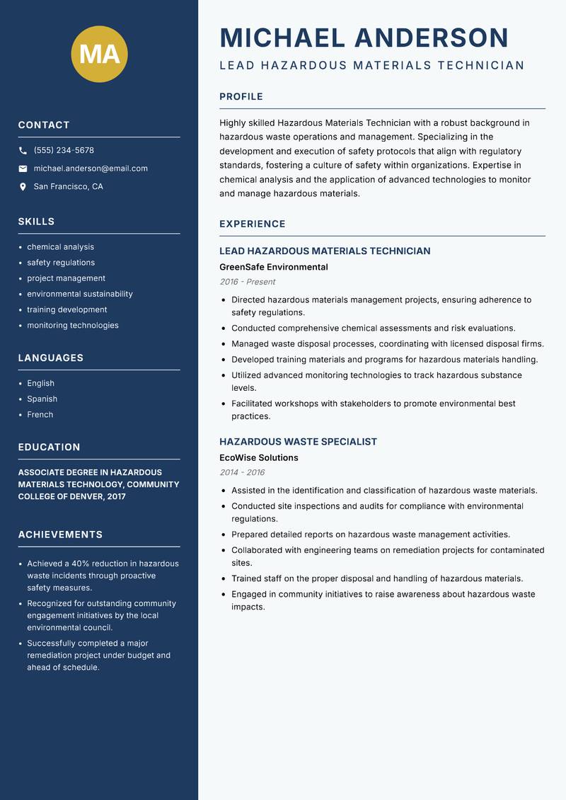 Hazardous Materials Technician resume template — Classic Clean