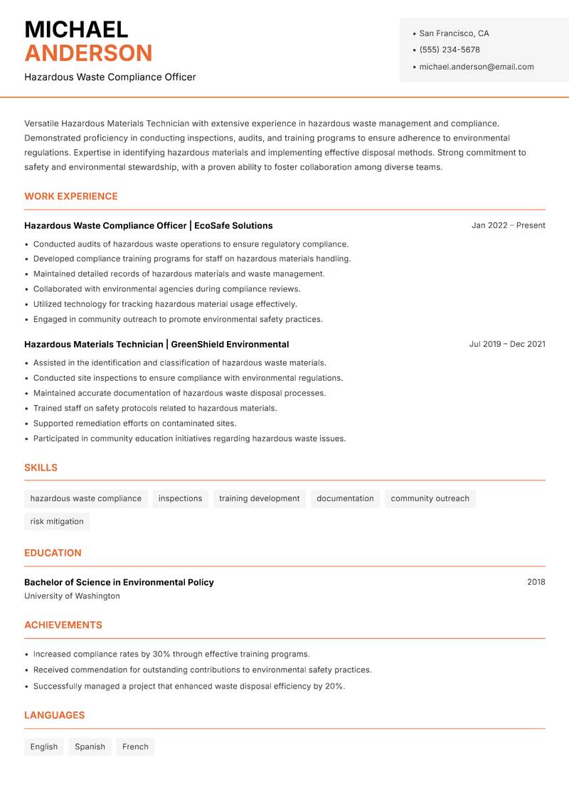 Hazardous Materials Technician resume template — Modern Professional