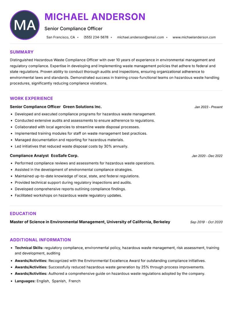Hazardous Waste Compliance Officer resume example — ATS-friendly template
