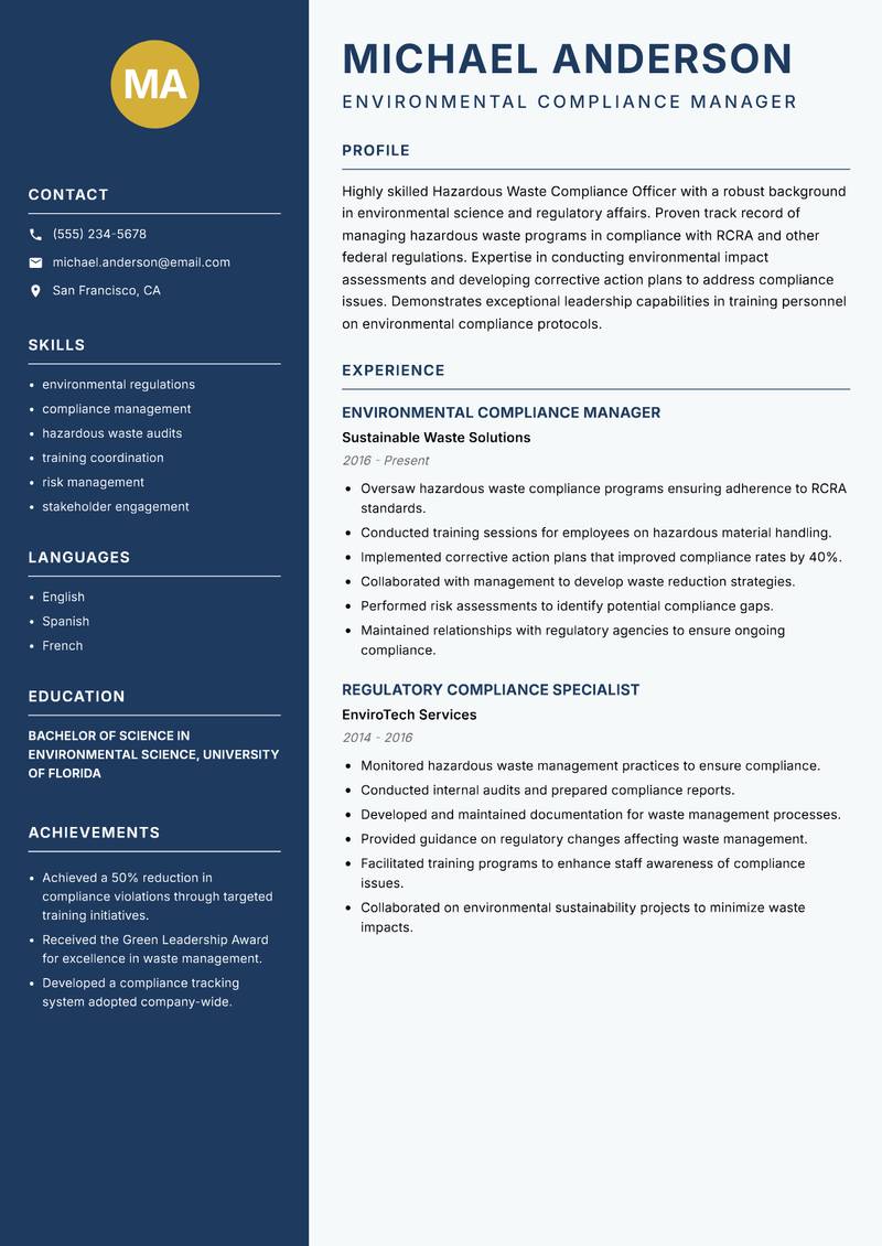 Hazardous Waste Compliance Officer resume template — Classic Clean