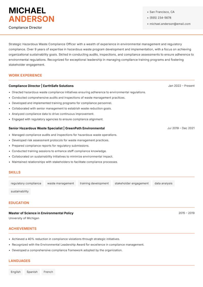 Hazardous Waste Compliance Officer resume template — Modern Professional