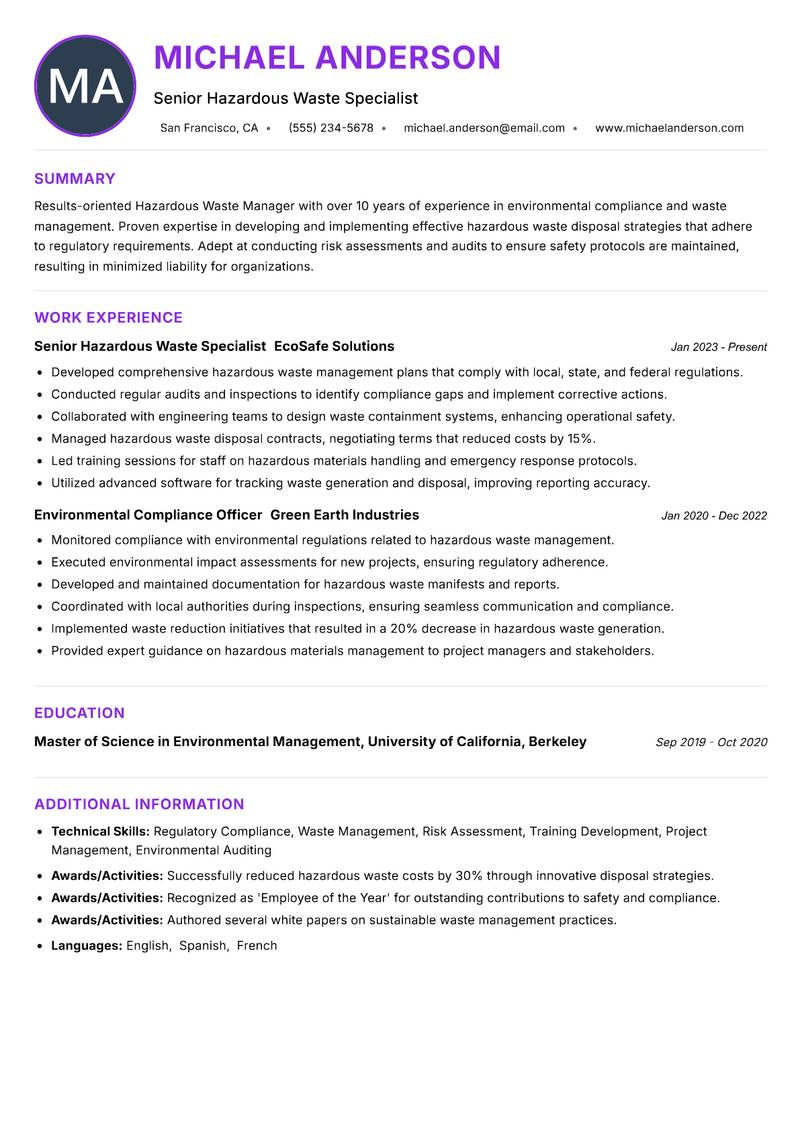 Hazardous Waste Manager resume example — ATS-friendly template