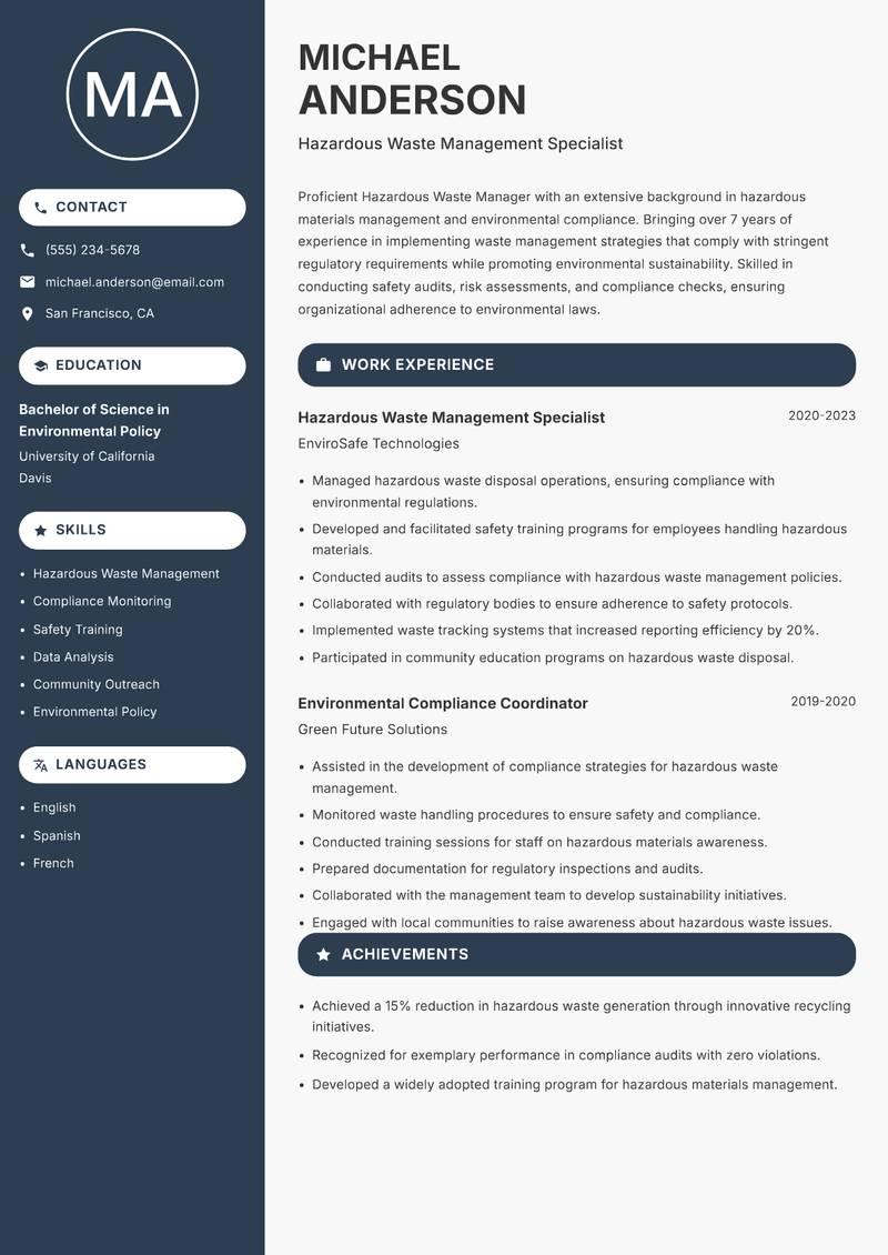 Hazardous Waste Manager resume template — Compact