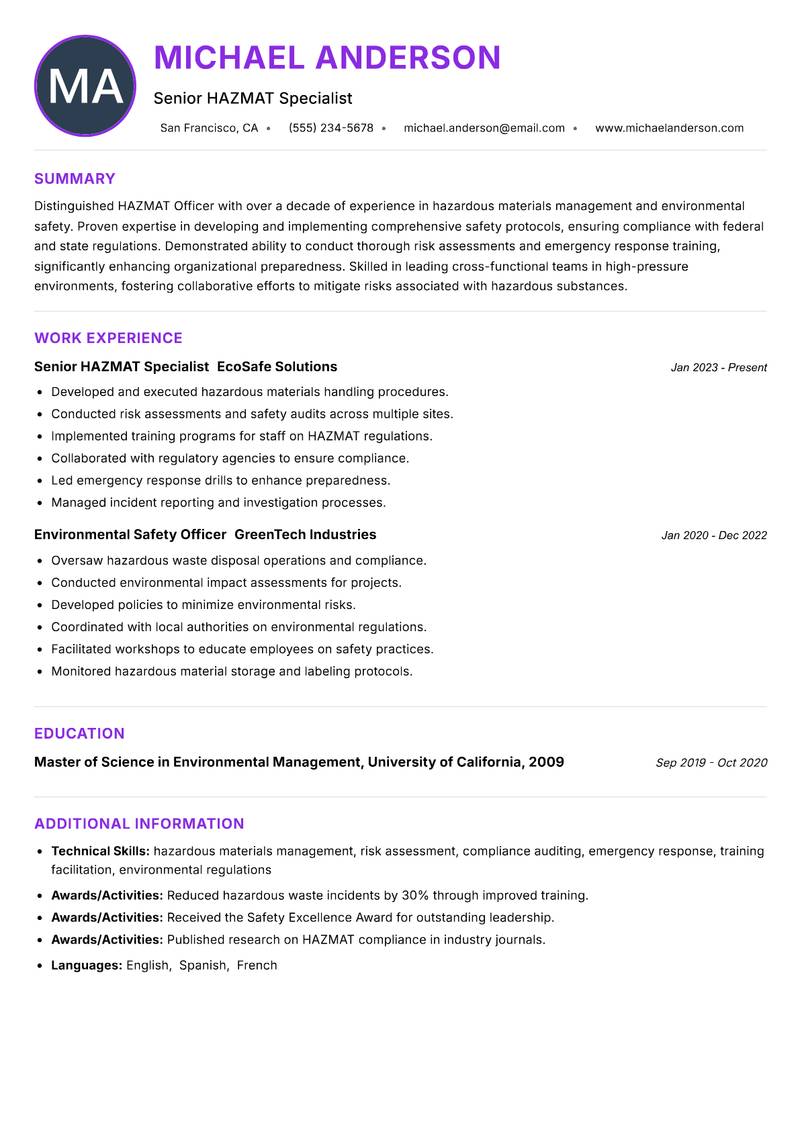 HAZMAT Officer resume example — ATS-friendly template