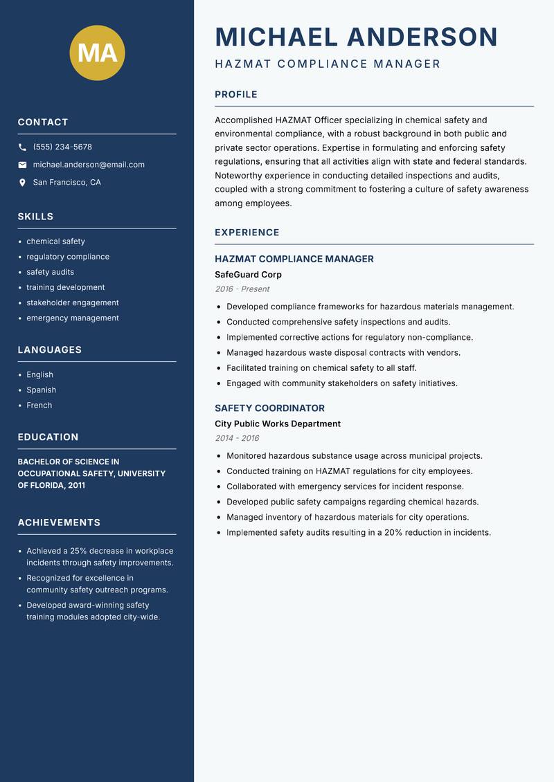 HAZMAT Officer resume template — Classic Clean