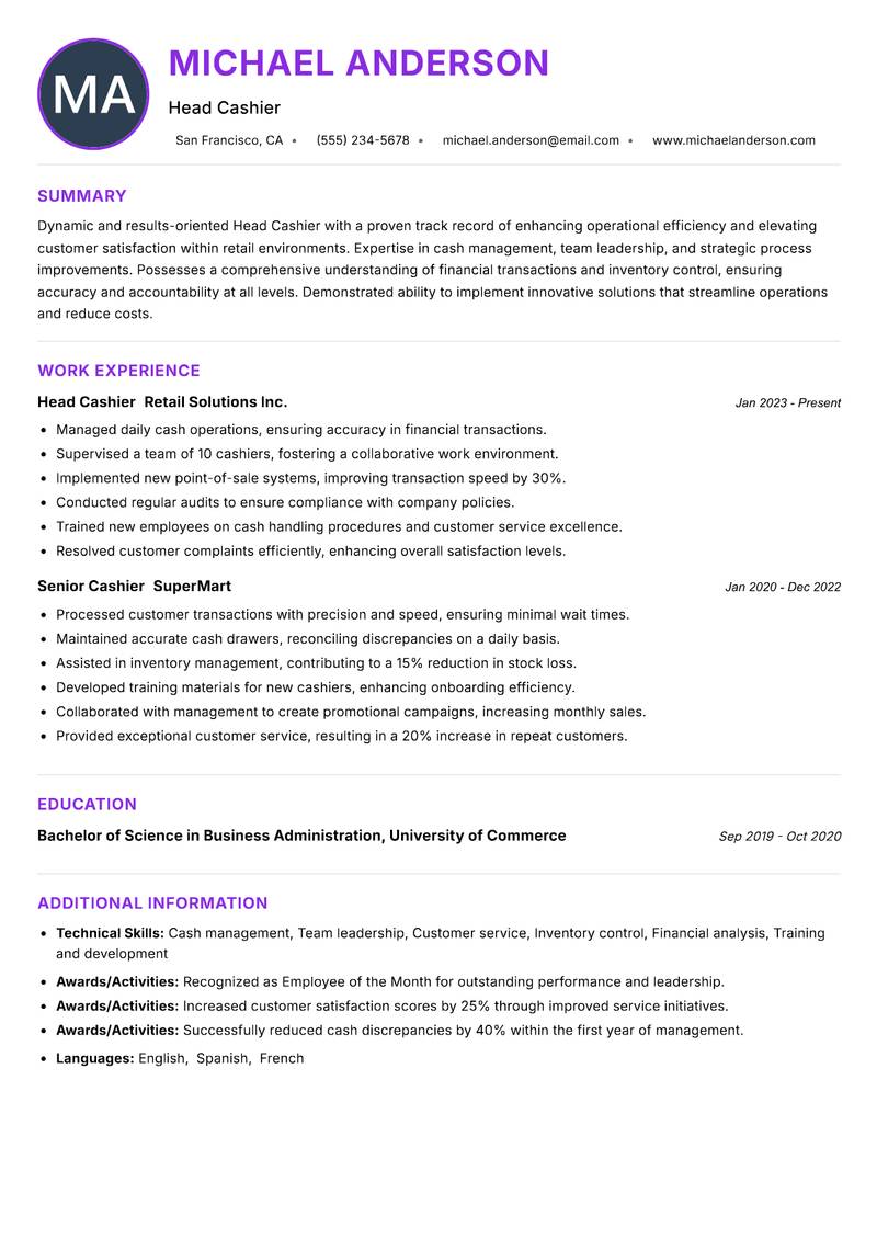 Head Cashier resume example — ATS-friendly template